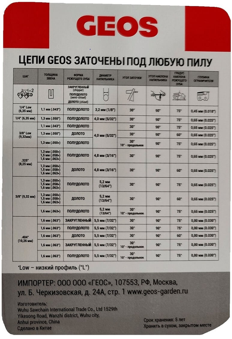 Цепь пильная GEOS 63LC 50 (14", 3/8" Low, 1.3мм, 50 хвостовиков, долото)
